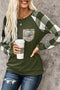 Plaid Splicing Sequined Pocket Long Sleeve Top